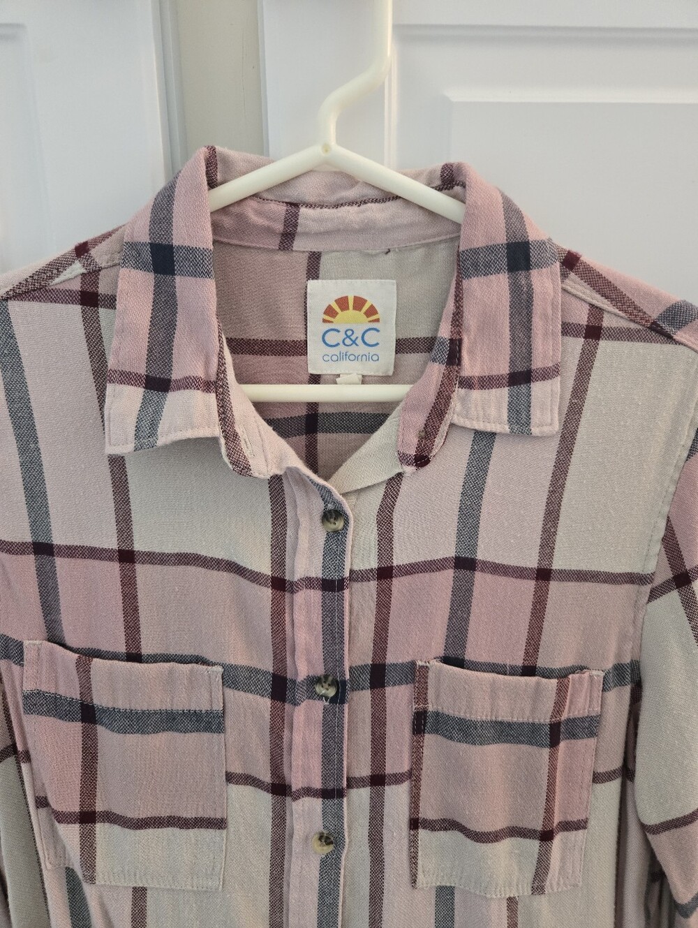 C&C California Soft Pink Plaid Flannel Button-Down Shirt Women's Size Small